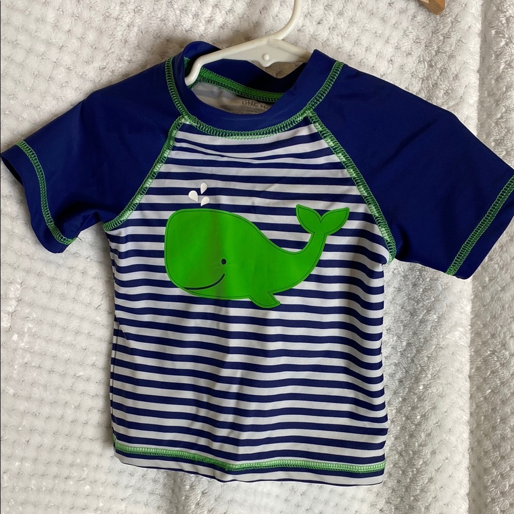Little Me Blue and Lime Green Striped Rashguard Top